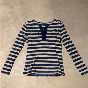 Lauren Ralph Lauren Striped Navy and Tan Women's Top Small 100% Cotton